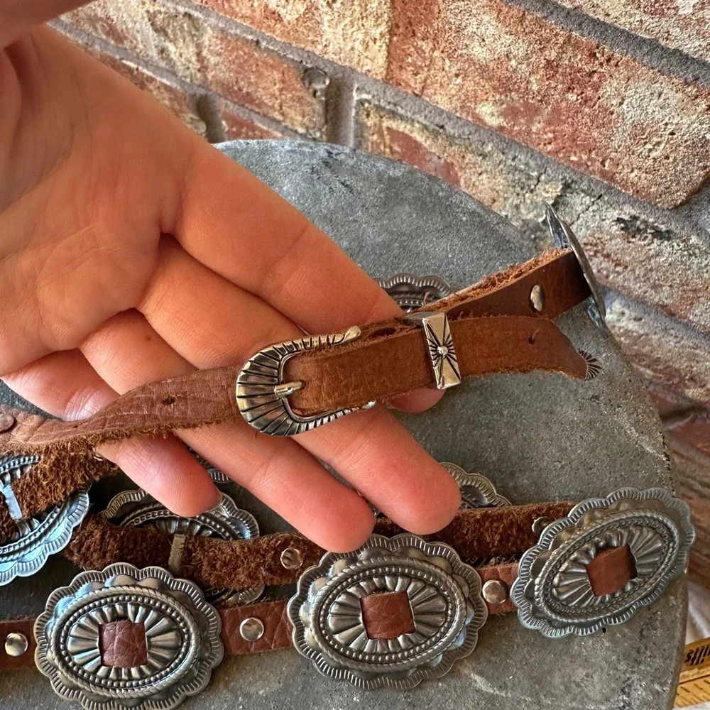 Vintage Style Brown Leather Concho Belt Silver Tone Western Southwestern Boho
